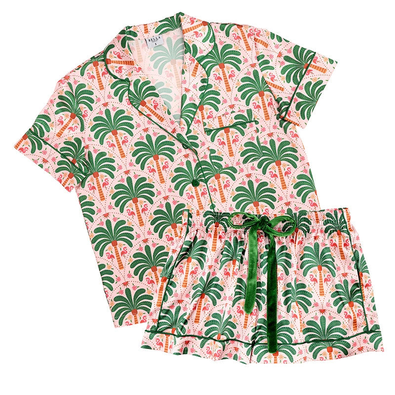 Bella Sleep & Spa pink Palm Beach pajama set with velvet tie
Pink Palm Beach lounge pajama set front view
Bella Sleep & Spa Palm Beach sleepwear set detail
Pink lounge pajama set with velvet waist tie