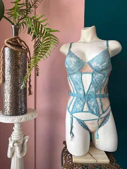 Mannequin wearing a blue lace lingerie set with a decorative plant and vase in the background.