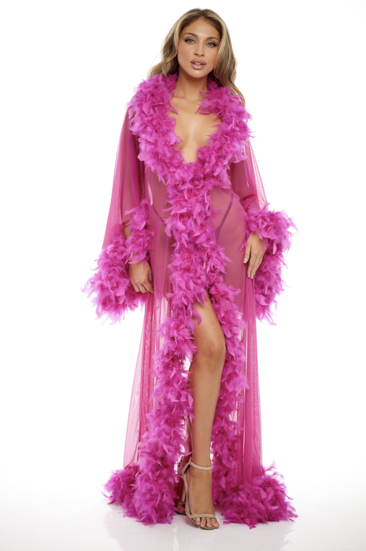 Long Chiffon Robe with Feather Trim