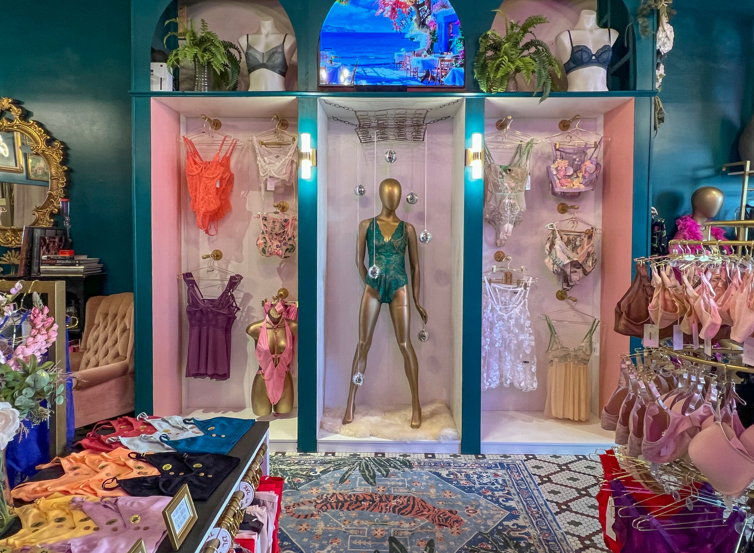 Sweetheart Boutique interior in Jacksonville, Florida showcasing inclusive lingerie and bras in a luxury, body-positive fitting boutique.